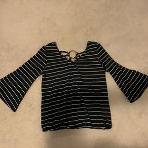 Black and white striped shirt, quarter length sleeves, flare sleeve